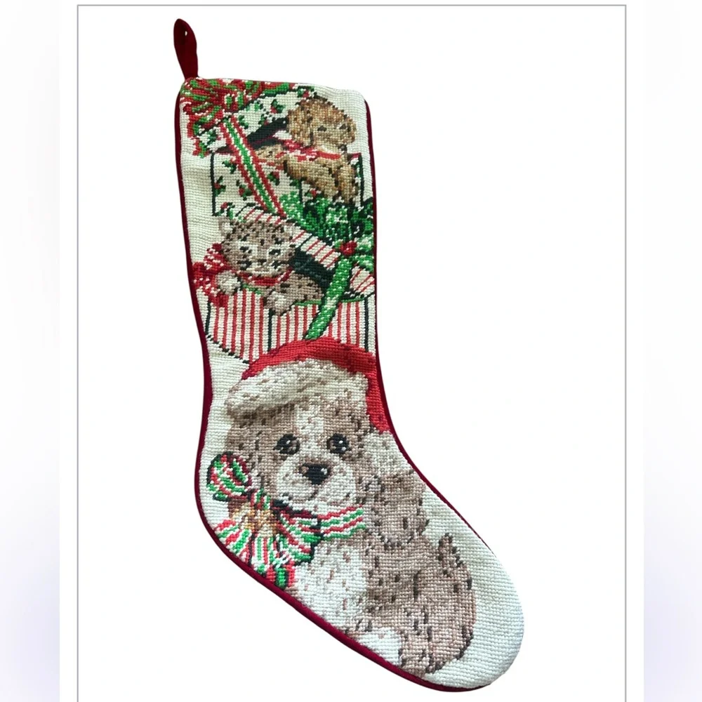 Vintage needlepoint Holiday Stocking with puppies and kitten size: L-19